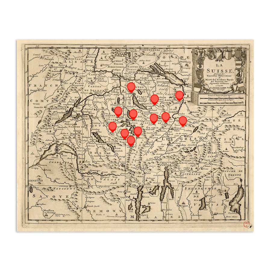 Carte ancienne de la Suisse avec des repères rouges indiquant les observations de dragons, selon les recherches de Claude Reichler dans le projet Wonderalp