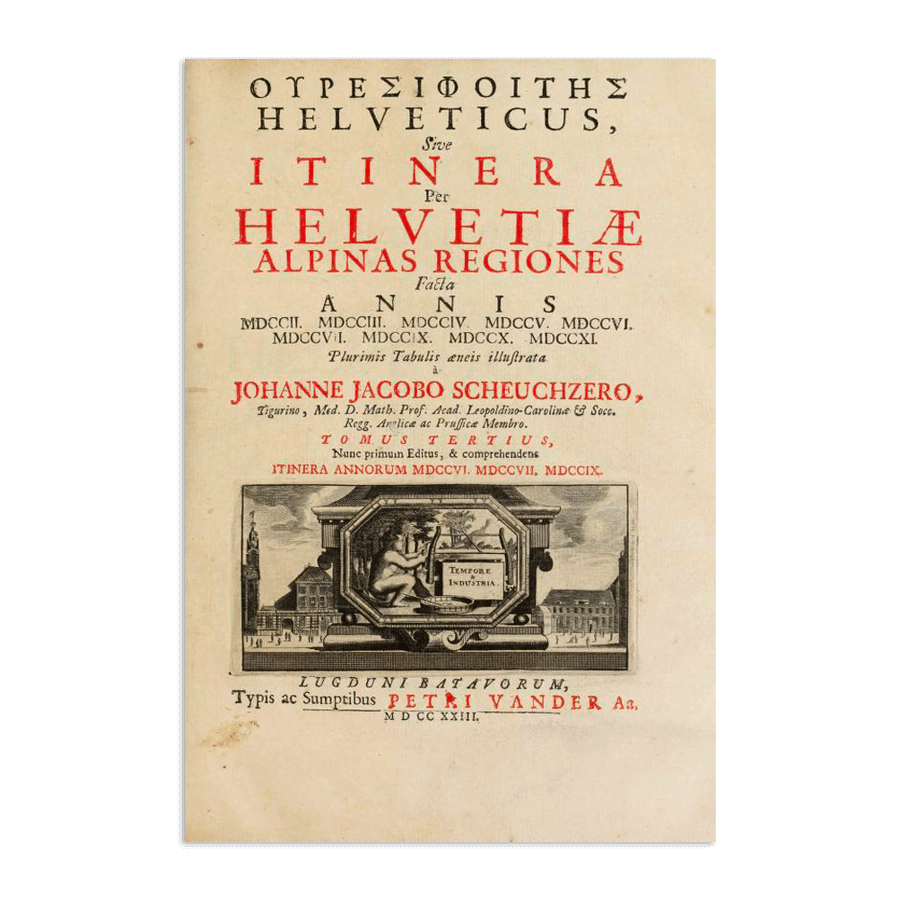 Page de titre de "Itinera per Helvetiae Alpinas Regiones" de Johann Jakob Scheuchzer (1723), représentant l'exploration scientifique des Alpes suisses et les débuts du mythe des dragons alpins