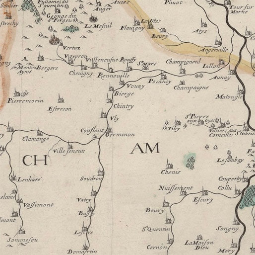 Carte ancienne illustrant les villages de Champagne avec mention de plusieurs crus renommés, dont Ambonnay, Bouzy, Oger, Avize et Verzenay, zones emblématiques des Grands Crus de la région
