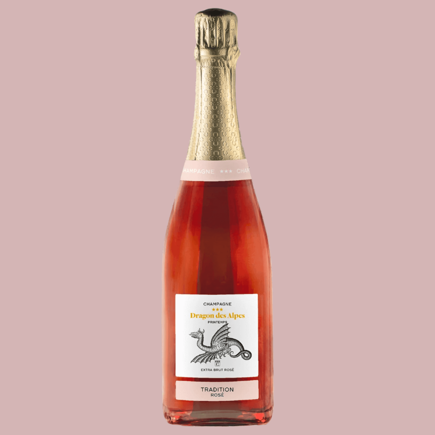 Bouteille de Champagne rosé Dragon des Alpes Printemps, extra brut, élaborée en Suisse