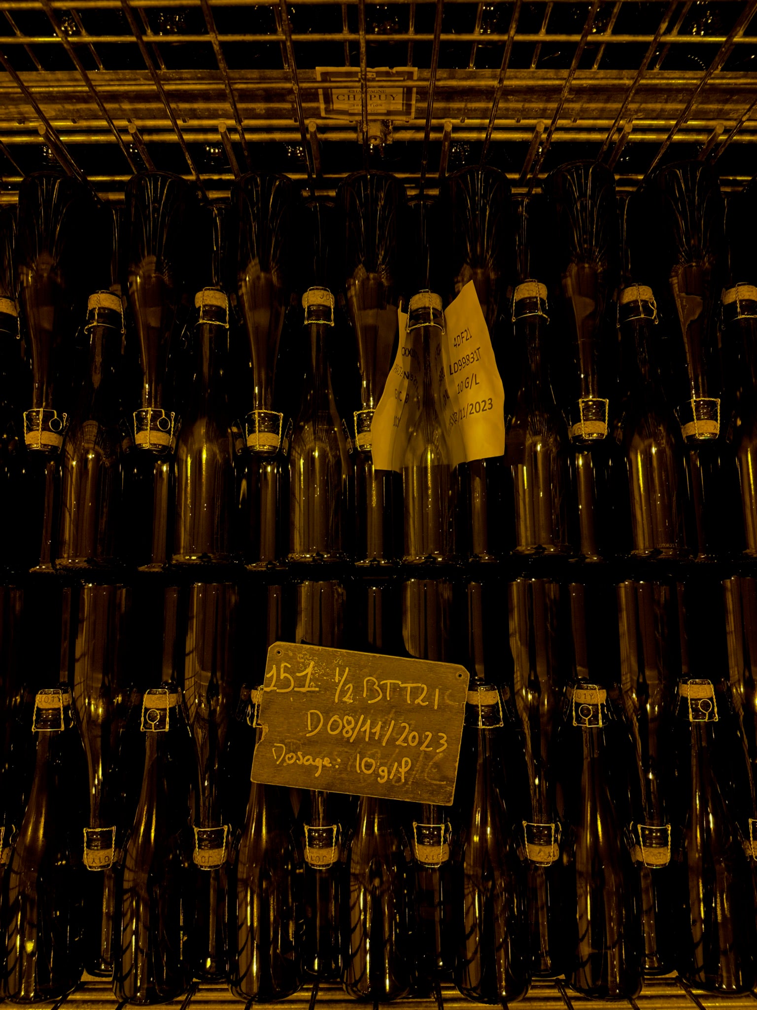 Bouteilles de champagne stockées sur des étagères métalliques en cave, étiquetées avec date de dosage et niveau de sucre.