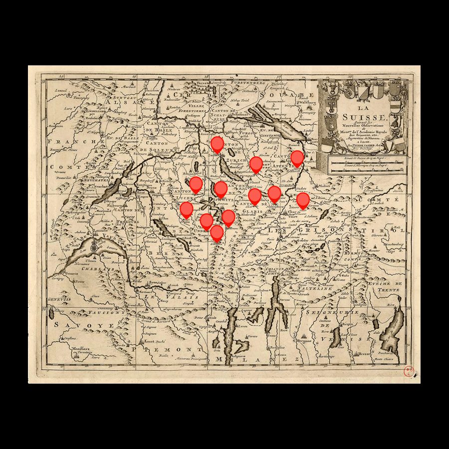 Carte ancienne de la Suisse avec des repères rouges indiquant les observations de dragons, selon les recherches de Claude Reichler dans le projet Wonderalp