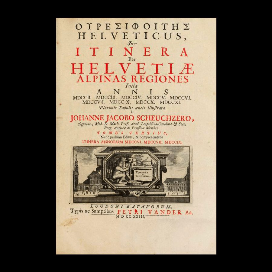 Page de titre de "Itinera per Helvetiae Alpinas Regiones" de Johann Jakob Scheuchzer (1723), représentant l'exploration scientifique des Alpes suisses et les débuts du mythe des dragons alpins